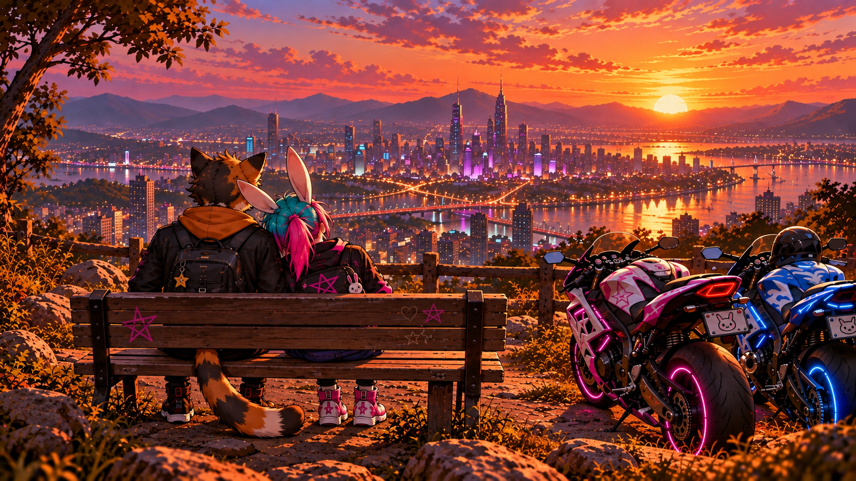 Calico and K-Star overlooking Harmony City at sunset