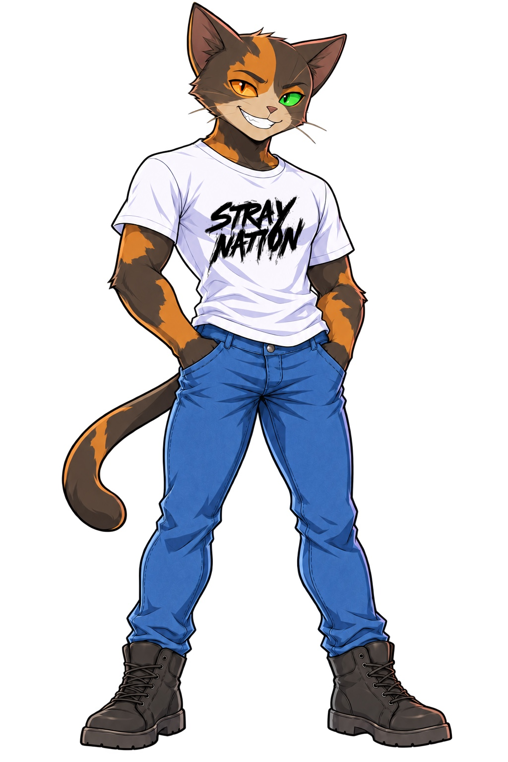 Calico wearing a Stray Nation shirt