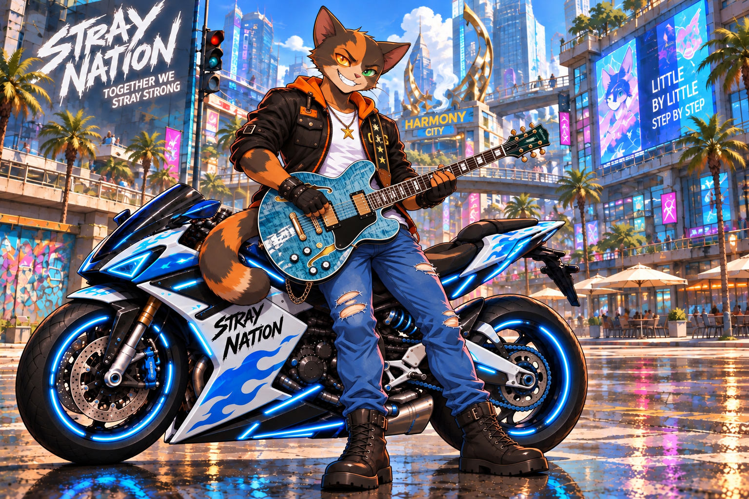 Calico with his guitar and motorcycle in Harmony City