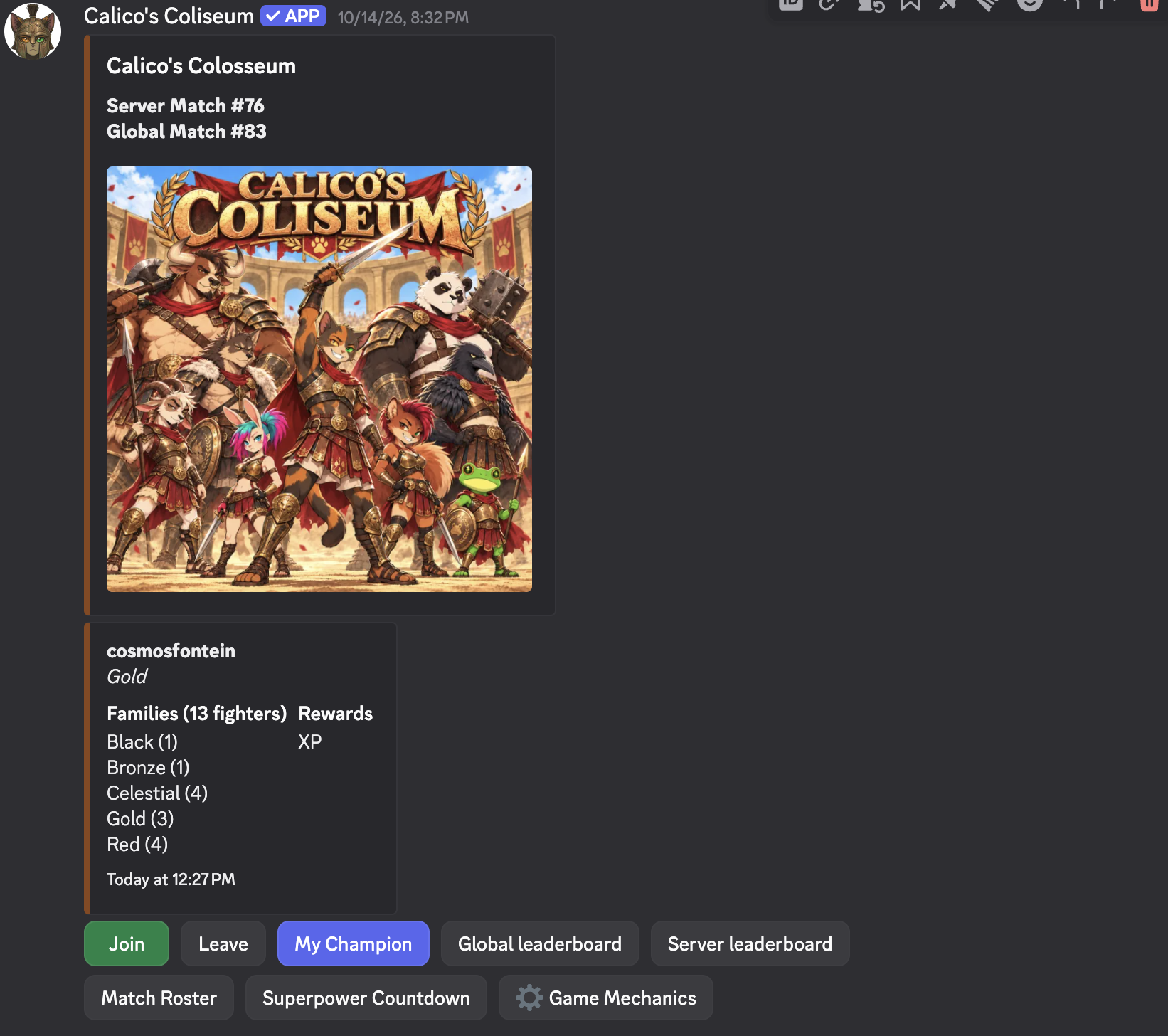Calico’s Coliseum Arena Panel in Discord, showing the match, families, and game buttons