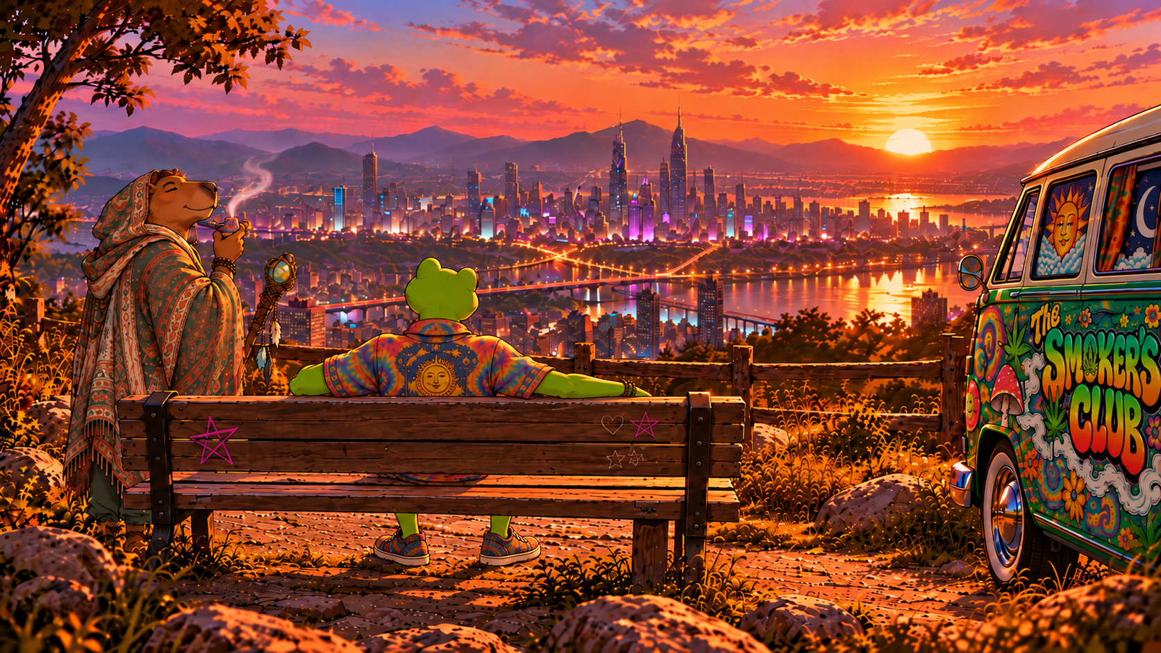 Frogstar and Gus relaxing at a sunset lookout above Harmony City