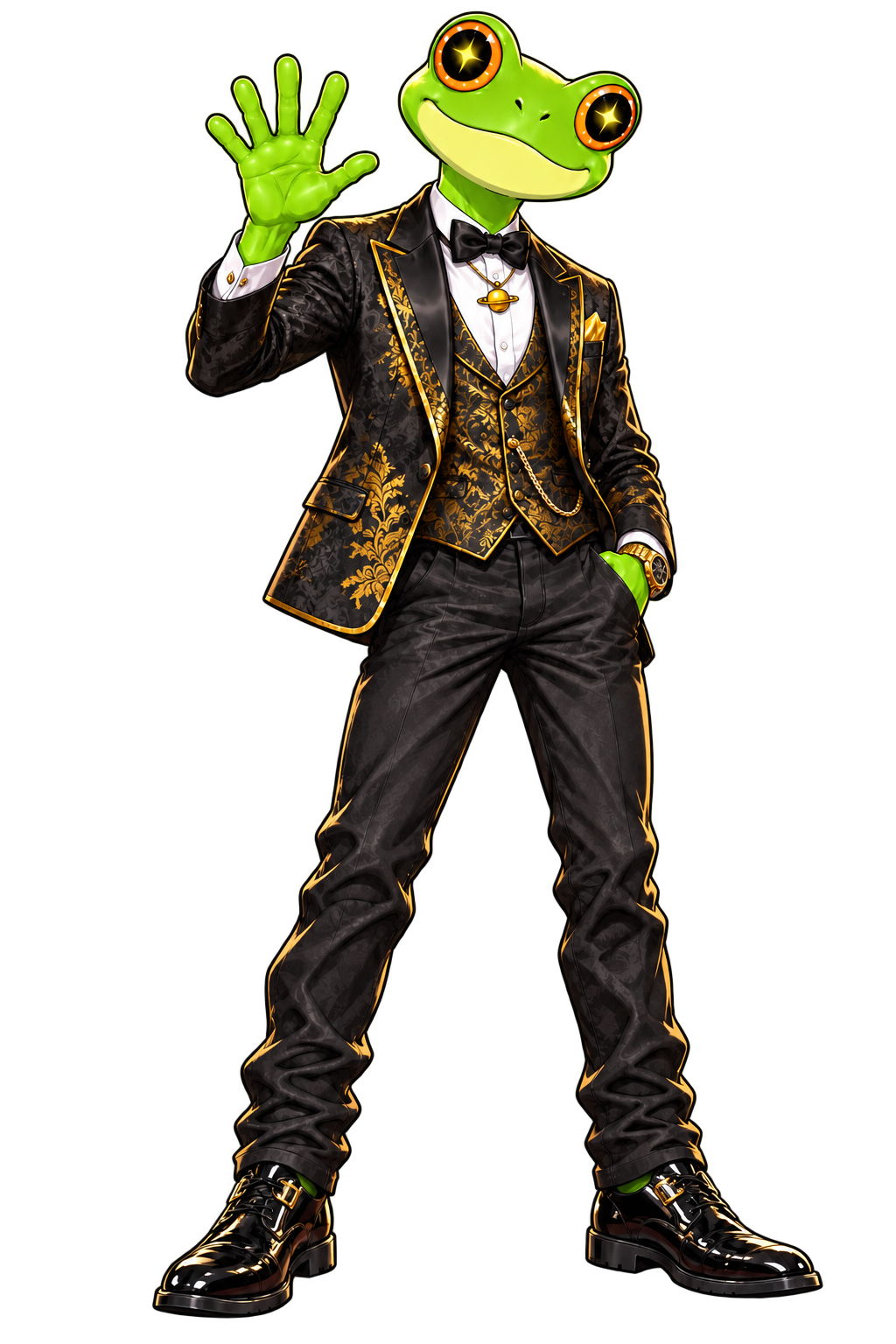 Frogstar in a gold formal suit