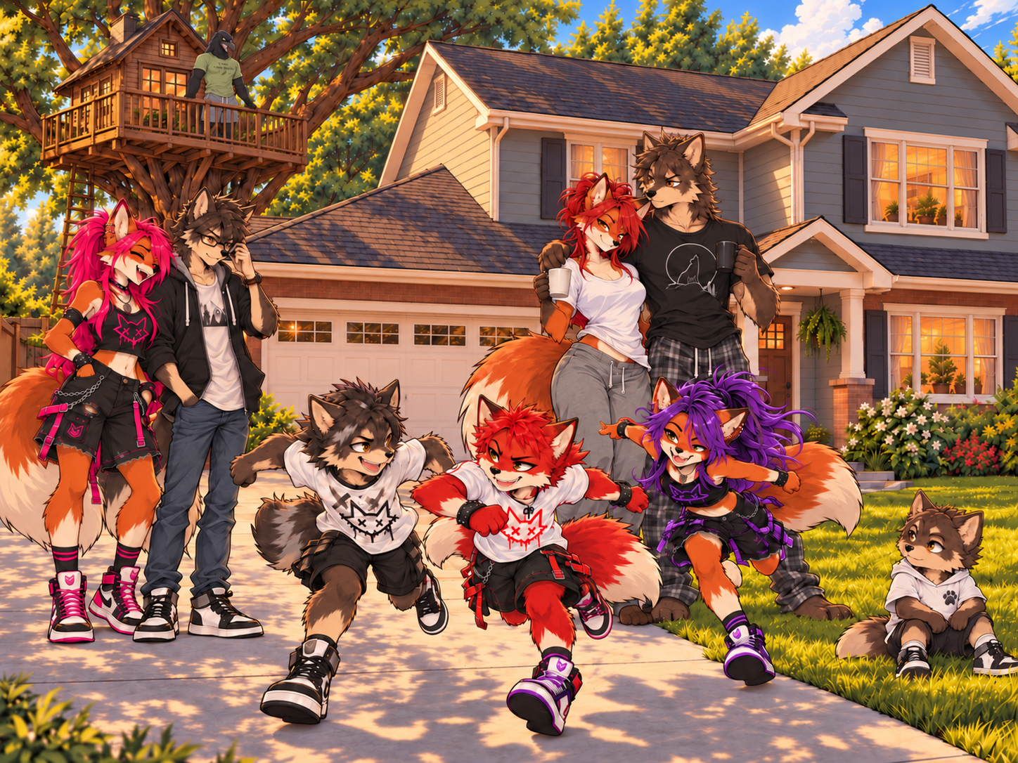 Grease, Vicky, their children, and Chief at home