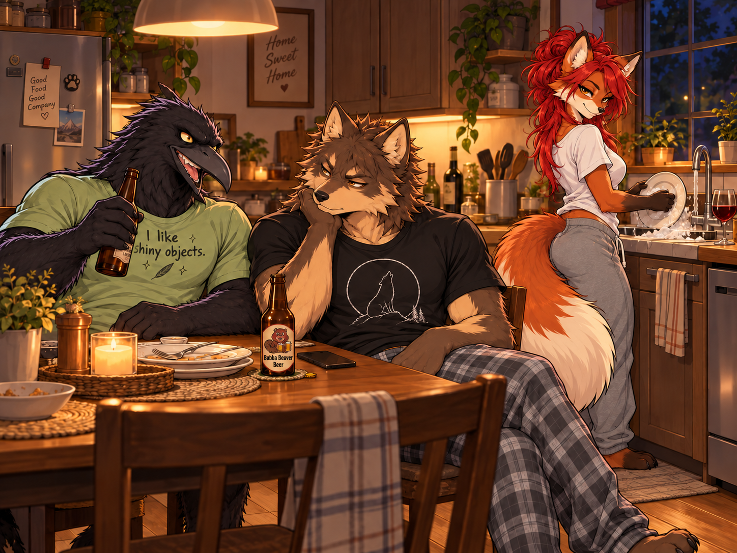 Grease relaxing with Vicky and Chief in their kitchen