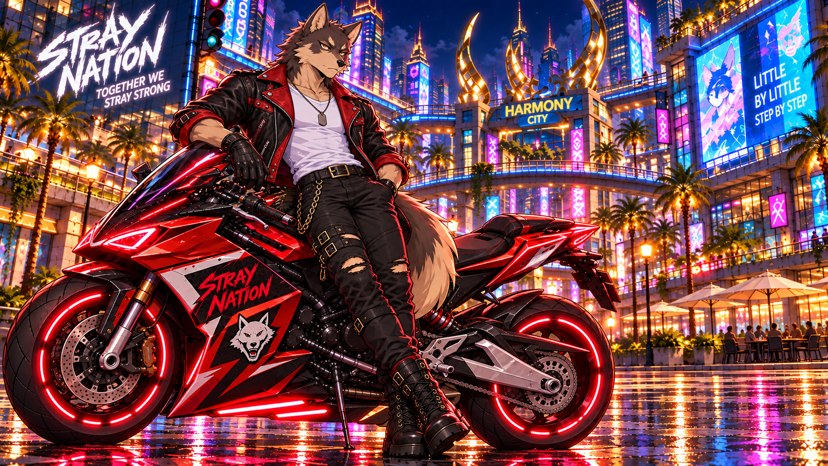 Grease with his bike on Harmony City's neon streets