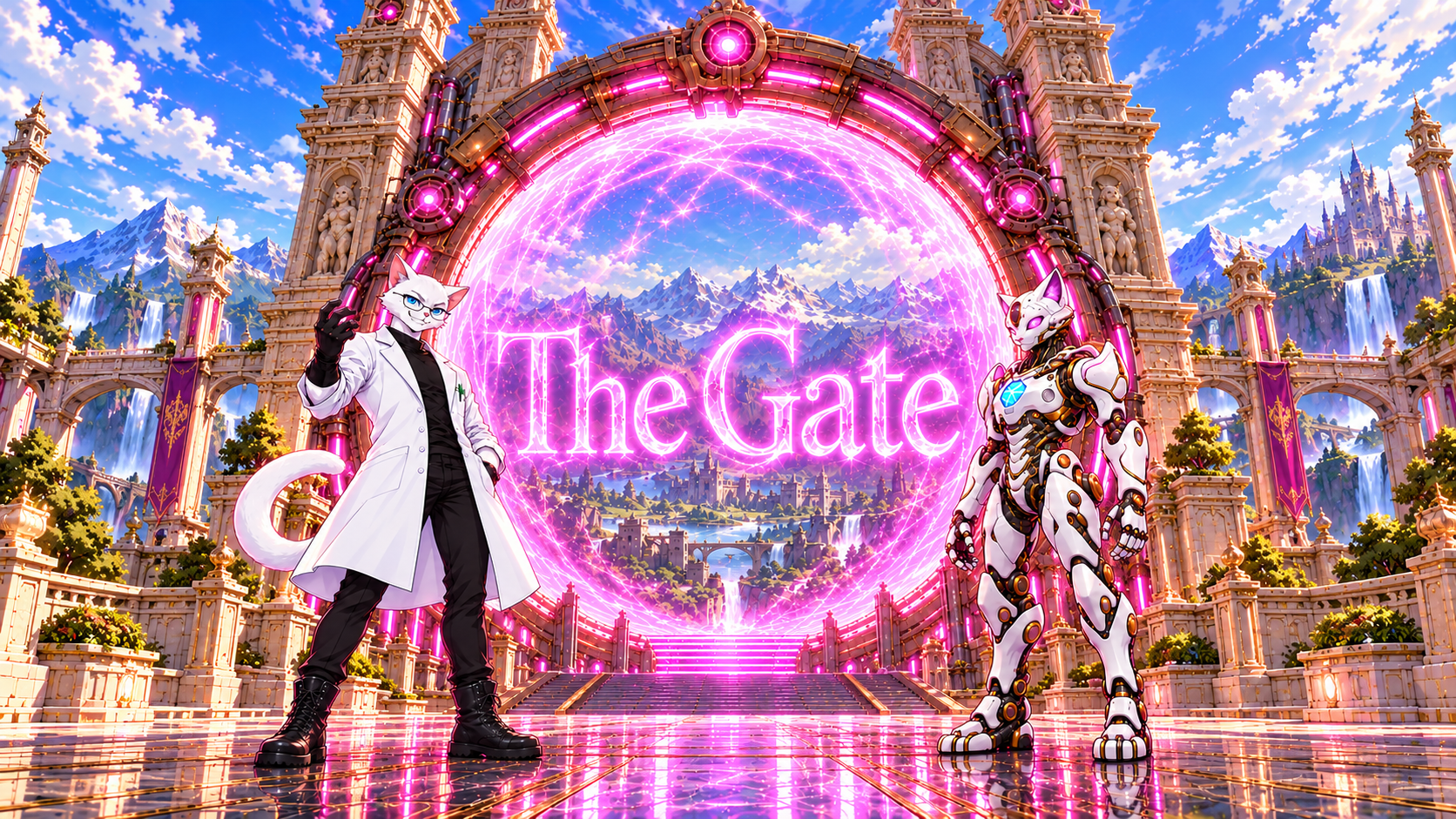 The Gate pink portal with its feline guardians