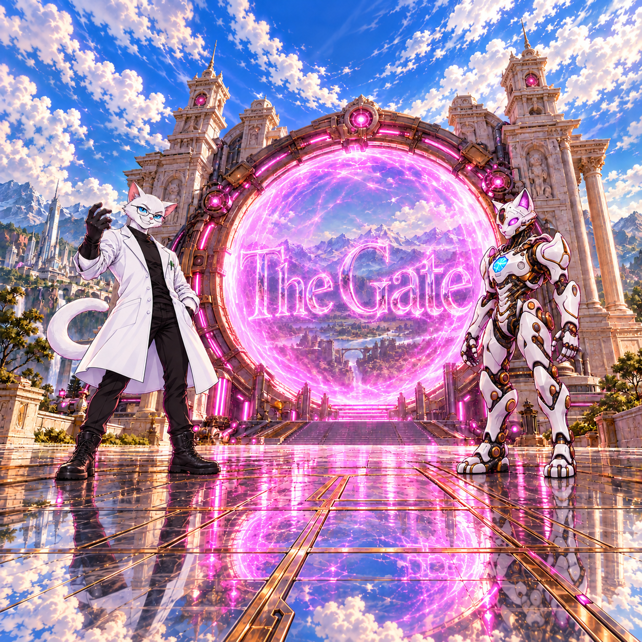 The Gate glowing pink above a reflective plaza